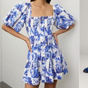 Caroline Constas Dress Blue White Floral Garden Tiles Linen Blend Mini Short Sz6